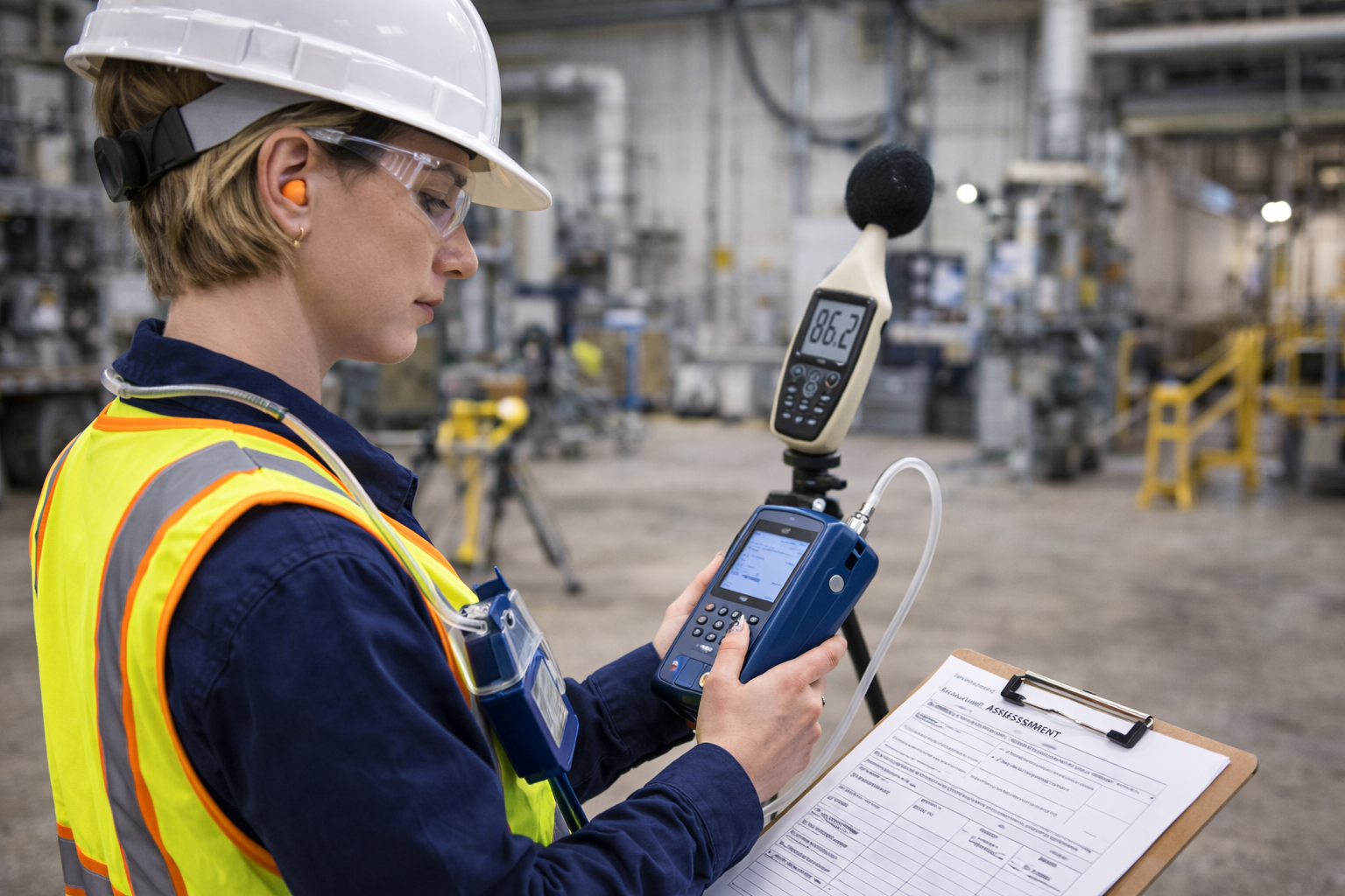Industrial hygienist using air quality and sound level monitoring equipment